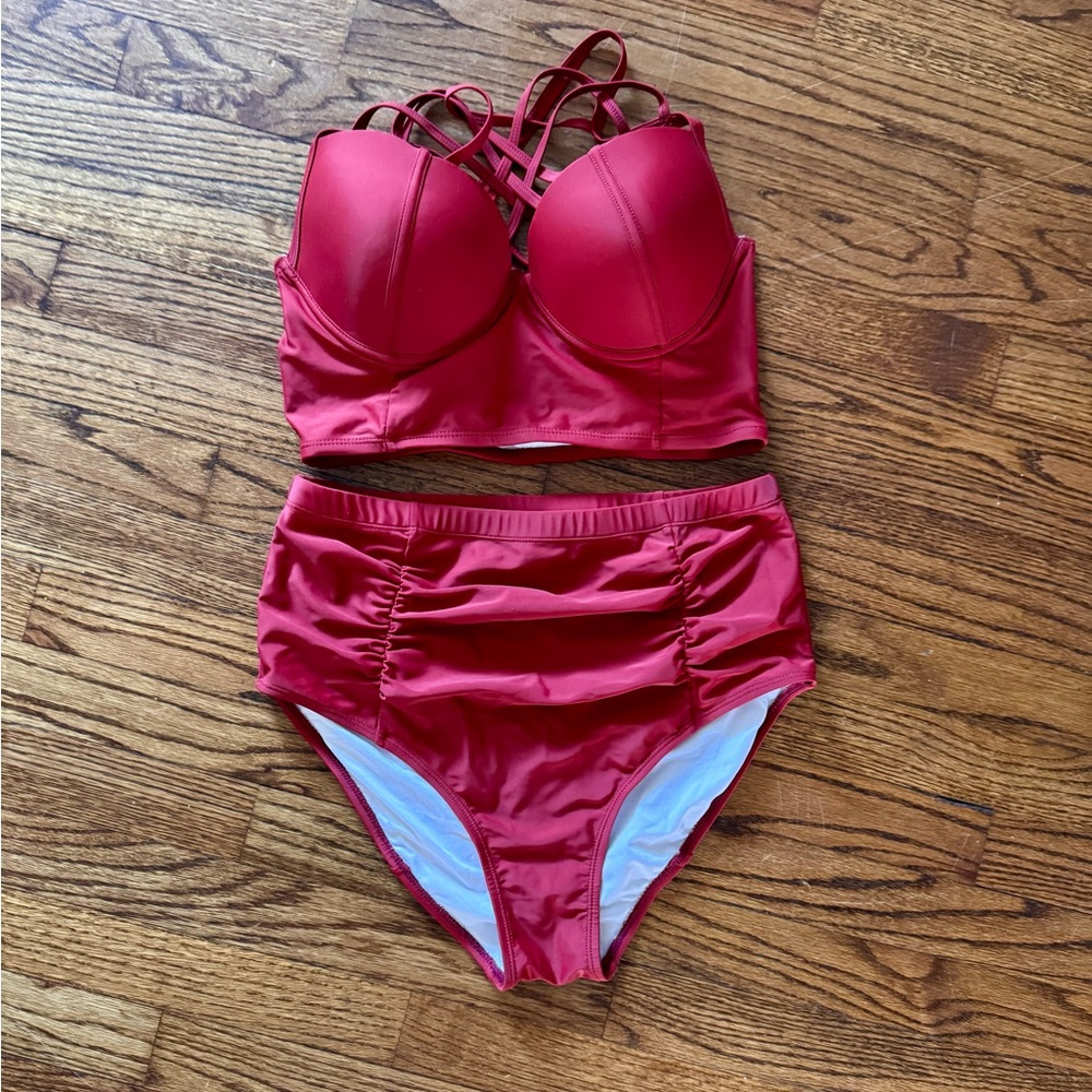 NWOT High-Waist Two-Piece Bikini Strappy Ruched Red Sz Women’s Large Zara Beez